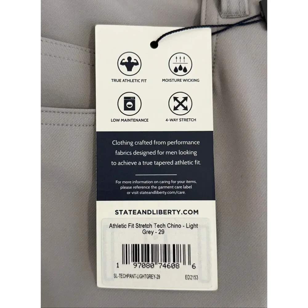 State & Liberty Athletic Fit Stretch Tech Chino Pants Light Grey Men’s 29 Golf